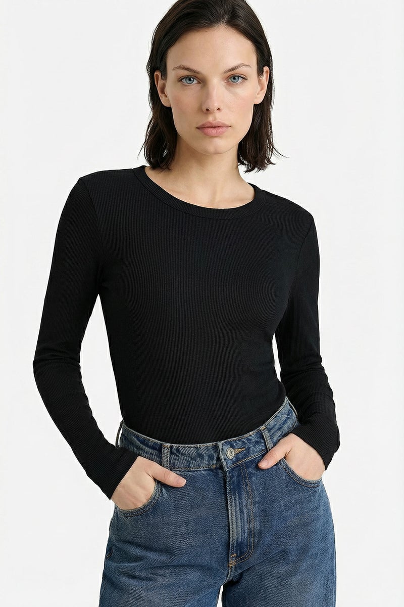 DeFacto Black Woman Slim Fit Basic Ribbed Long Sleeve T-Shirt Casual - Image 1